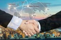 Double Exposure of a businessman handshake with Map global part Royalty Free Stock Photo