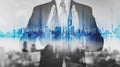 Double exposure businessman holding blue city hologram, real estate business technology Royalty Free Stock Photo