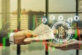 Double exposure of Businessman Pay the US dollar with hand holding virtual screen bitcoin technology, virtual currency Royalty Free Stock Photo