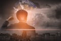 Double exposure businessman, Stand up, raise your hand, background landscape city and world, Concept vision and success of corpora Royalty Free Stock Photo
