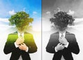 Double exposure businessman with a tree with the sky, ecology friendly concept, Think Green