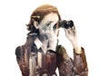 Double exposure of businesswoman with binocular and megalopolis