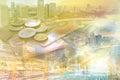 Double exposure of businesswoman and cityscape - Business concept, Immovable property concept