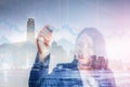 Double Exposure of Businesswoman is Tracking Stock Chart Info On The Screen, Business Financial Analyzing Investment and Stock