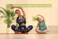 Double exposure of calendar and family doing yoga at home