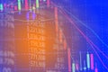 Double exposure of candle stick graph chart with indicator with stock market price screen background, stock exchange trading, Royalty Free Stock Photo