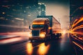 double exposure of cargo truck driving through city, with blurred background and stoplights