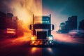 double exposure of cargo truck driving through city, with blurred background and stoplights