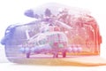 Double exposure: carrying case for the camera and a helicopter. Business, press, resque and travel concept. Royalty Free Stock Photo