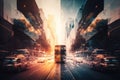 double exposure of city traffic, romantic urban space concept