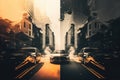 double exposure of city traffic, romantic urban space concept