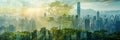 Double exposure cityscape with green forest overlay panoramic banner