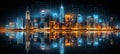 Double exposure of cityscape at night showcasing urban beauty under the night sky