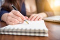 Double exposure of Close up business woman hand working on laptop computer on wooden desk Royalty Free Stock Photo