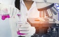 Close up microscope equipment for research experiments with scientist woman carrying research chemistry liquid to test tube