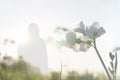 A double exposure of a close up of a white flower with a hooded person silhouetted. With an old textured vintage edit