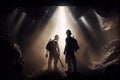 double exposure of coal miners in the depths of a mine shaft, with beams of sunlight shining through