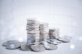 Double exposure of Coins stack close-up on white background, Money spending planning, and investment budget, Business saving money Royalty Free Stock Photo