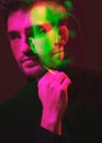 Double exposure, color and portrait of a man thinking isolated on a dark background in studio. Texture, design and face