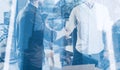 Double exposure concept.Business partnership handshake.Photo two bearded businessmans handshaking process.Successful Royalty Free Stock Photo