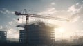 Double exposure of construction buildings cranes and buildings foggy sky background generated ai