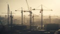 Double exposure of construction buildings cranes and buildings foggy sky background generated ai