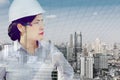 Double Exposure of Construction Engineer Woman in Safety Equipment on Cityscape Background, Smart Business Woman With City Royalty Free Stock Photo