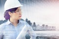 Double Exposure of Construction Engineer Woman in Safety Equipment on Cityscape Background, Smart Business Woman With City Royalty Free Stock Photo