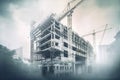 Double exposure of construction sites with cranes and building under construction. Building construction engineering project, AI