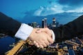 Double exposure, cooperation or partnership business shaking hand with partnership after making profitable agreement with