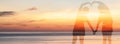 Double exposure of couple make a heart shape with her body over sea on twilight sky time