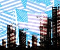 Double exposure creative hologram of unfinished super high-rise building and American flag