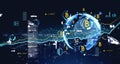 Double exposure of cryptocurrency bitcoin theme with aerial view of Singapore city skyline at night. Concept of digital money in