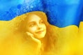 Double exposure of cute girl wearing flower wreath outdoors and Ukrainian flag