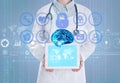 Double exposure of doctor with tablet and artificial intelligence model. Machine learning Royalty Free Stock Photo