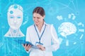 Double exposure of doctor using tablet and artificial intelligence model. Machine learning Royalty Free Stock Photo