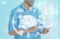 Double exposure of doctor using tablet and artificial intelligence model. Machine learning Royalty Free Stock Photo