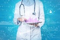 Double exposure of doctor using tablet and digital schemes. Machine learning Royalty Free Stock Photo