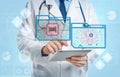 Double exposure of doctor using tablet and machine learning model Royalty Free Stock Photo