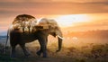 Double Exposure Effect of Elephant at Sunset Royalty Free Stock Photo
