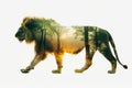 double exposure effect of a lion walking and green jungle. World wildlife day Royalty Free Stock Photo