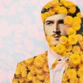Double exposure effect. Portrait of young serious man on background of yellow chrysanthemums flowers. Royalty Free Stock Photo