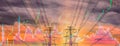 Double exposure-electric pole, and colorful sky stock chart as background,with concept of volatility of stocks and energy