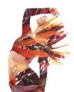 Double exposure of an elegant girl leaning back combined with photograph of bright tropical plants with reddish brown leaves