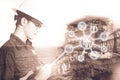 Double exposure of Engineer or Technician man with digital icon Royalty Free Stock Photo