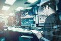 Double exposure of Engineer or Technician man in working shirt