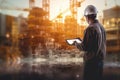 Double exposure of engineer using digital tablet and building construction site background, AI Generate Royalty Free Stock Photo