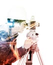 Double exposure of engineer working with survey equipment theodolite on a tripod against the city isolated on white