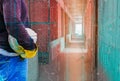 Double exposure of engineering hand holding white safety hat in building and digital circuit line technology interior working Royalty Free Stock Photo