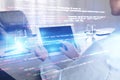 Double exposure of female programmer using tablet and source code written in programming language Royalty Free Stock Photo
